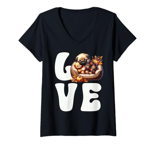 Damen I Love Pugs Graphic for Fall Cute Sleeping Dog for Autumn T-Shirt mit V-Ausschnitt von Cute Fall Pug Stuff Pug Owner Gifts For Pug Lovers