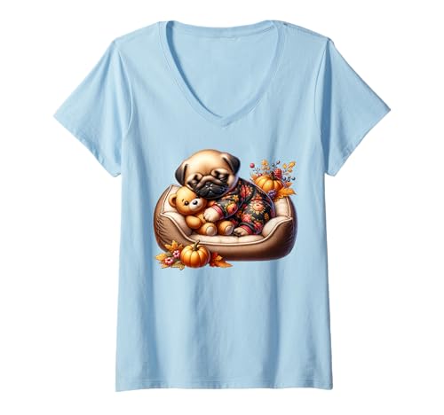 Damen Pug Fall Sleeping Dog Graphic for Pug Mom with Autumn Vibes T-Shirt mit V-Ausschnitt von Cute Fall Pug Stuff Pug Owner Gifts For Pug Lovers
