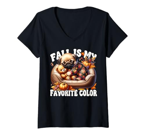 Damen Pug for Women and Men Fall is My Favorite Color Autumn Sleep T-Shirt mit V-Ausschnitt von Cute Fall Pug Stuff Pug Owner Gifts For Pug Lovers