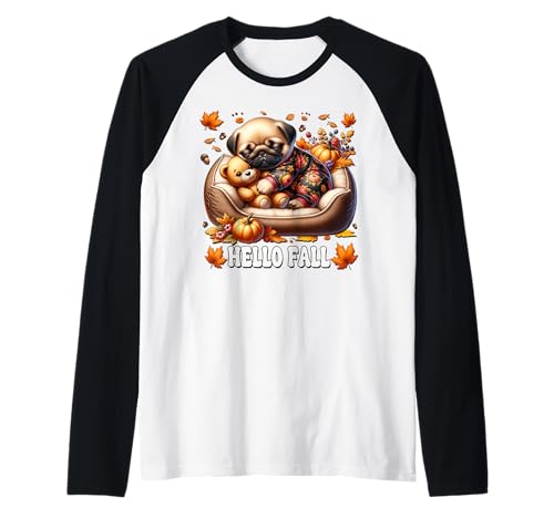 Hello Fall Pug Graphic for Women Men Kids Cute Autumn Dog Raglan von Cute Fall Pug Stuff Pug Owner Gifts For Pug Lovers