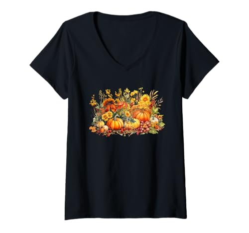 Damen Colorful Autumn Pumpkin Graphic for Women Floral Fall T-Shirt mit V-Ausschnitt Damen Colorful Autumn Pumpkin Graphic for Women Floral Fall T-Shirt mit V-Ausschnitt von Cute Fall Themed Gifts For Women Teacher Librarian