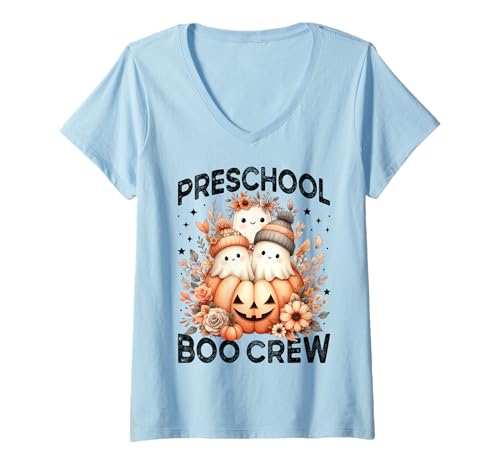 Damen Preschool Boo Crew Teacher Halloween Floral Ghost Kürbis T-Shirt mit V-Ausschnitt Damen Preschool Boo Crew Teacher Halloween Floral Ghost Kürbis T-Shirt mit V-Ausschnitt von Cute Fall Wildflower Preschool Teacher Women Kids