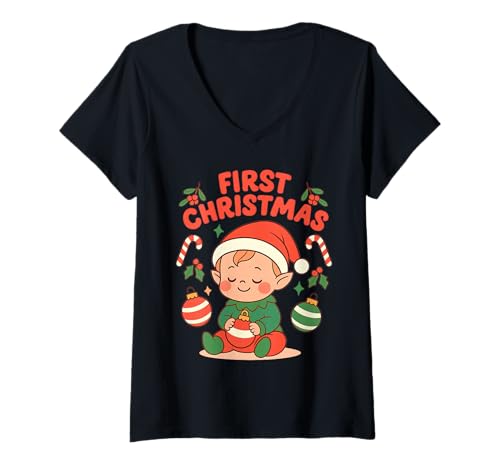 Damen Weihnachtspyjama für Babys im Retro-Stil T-Shirt mit V-Ausschnitt von Cute Family Christmas Matching XMAS Newborn Design