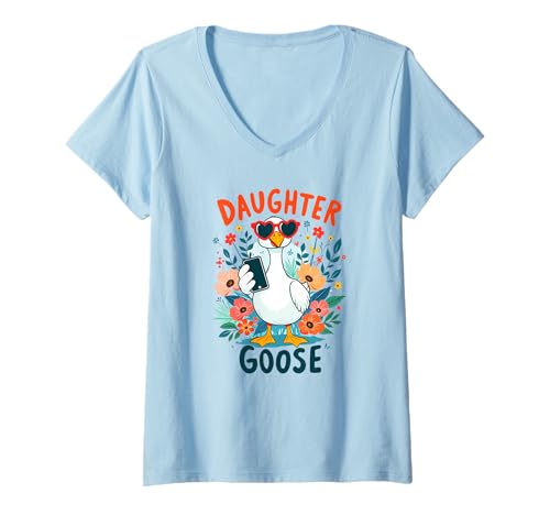 Damen Daughter Goose süßer Blumen-Vogel mit Sonnenbrille – passend T-Shirt mit V-Ausschnitt von Cute Family Goose Products Mothers Day