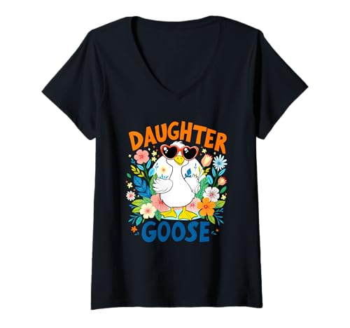 Damen Daughter Goose süßer Blumen-Vogel mit Sonnenbrille – passend T-Shirt mit V-Ausschnitt von Cute Family Goose Products Mothers Day