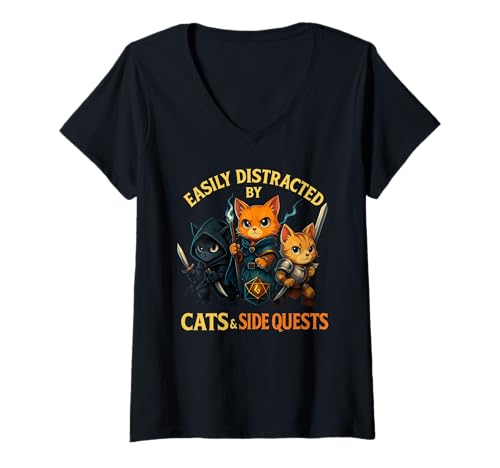 Damen Easily Distracted by Cats and Side Quests RPG Gamer T-Shirt mit V-Ausschnitt Damen Easily Distracted by Cats and Side Quests RPG Gamer T-Shirt mit V-Ausschnitt von Cute Fantasy Cat Adventurer Design