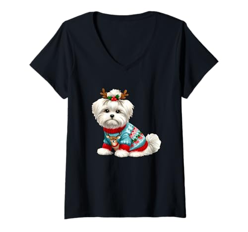 Damen Entzückender Hund mit Geweih Weihnachtspullover T-Shirt mit V-Ausschnitt Damen Entzückender Hund mit Geweih Weihnachtspullover T-Shirt mit V-Ausschnitt von Cute Festive Dog Lover Holiday Season