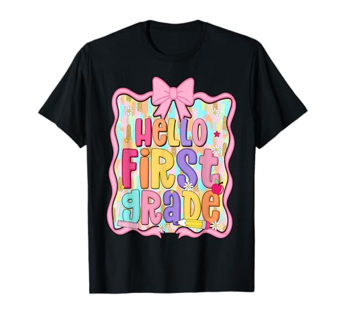 Hallo Mädchen der ersten Klasse, Coquette, 1. Klasse, zurück zur Schule T-Shirt Hallo Mädchen der ersten Klasse, Coquette, 1. Klasse, zurück zur Schule T-Shirt von Cute First Day of School Girls Coquette Bow Outfit