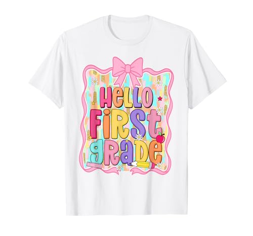Hallo Mädchen der ersten Klasse, Coquette, 1. Klasse, zurück zur Schule T-Shirt Hallo Mädchen der ersten Klasse, Coquette, 1. Klasse, zurück zur Schule T-Shirt von Cute First Day of School Girls Coquette Bow Outfit