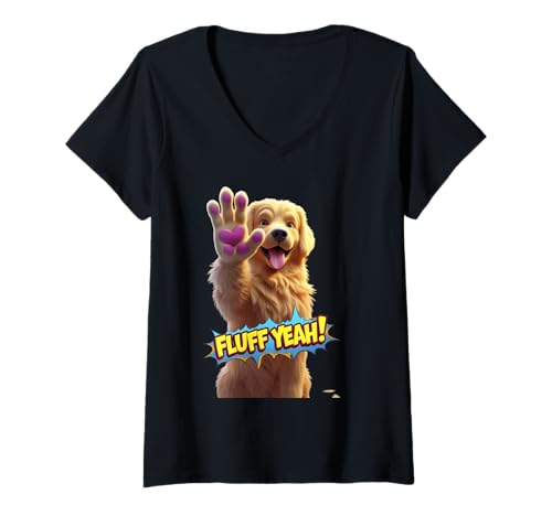 Damen Süßes Fluff Dog Yeah Lustiges Unisex-Design für Männer und Frauen T-Shirt T-Shirt mit V-Ausschnitt von Cute Fluff Dog Yeah Funny Unisex Design For Tee