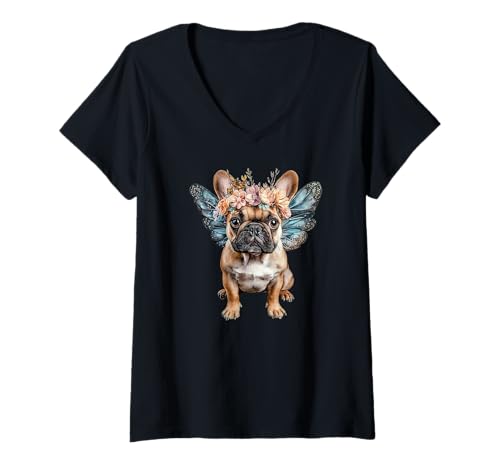 Damen Niedlicher Hundeengel mit Flügeln T-Shirt mit V-Ausschnitt von Cute French bulldog For Womens Mothers day