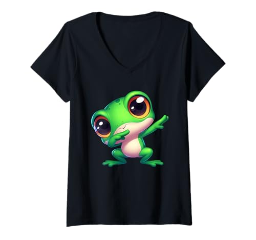 Damen Niedlicher Frosch mit großen Augen T-Shirt mit V-Ausschnitt Damen Niedlicher Frosch mit großen Augen T-Shirt mit V-Ausschnitt von Cute Frog Dab Funny Animal Meme Dance Cartoon