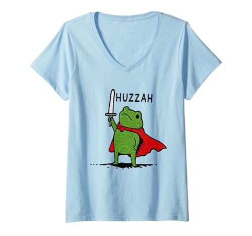 Damen Huzzah Frosch Ritter Lustiges Meme Zitat T-Shirt mit V-Ausschnitt von Cute Frog Knight Funny Fantasy Tees