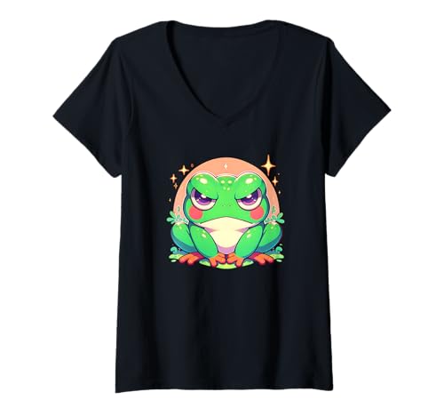 Damen Frosch Angry Grumpy Face Tween Kleinkind Mädchen Grafik T-Shirt mit V-Ausschnitt von Cute Frog Lover Outfit Gifts Girls