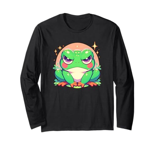 Grumpy Face Angry Frog Japanischer Anime-Stil Mädchen Grafik Langarmshirt von Cute Frog Lover Outfit Gifts Girls