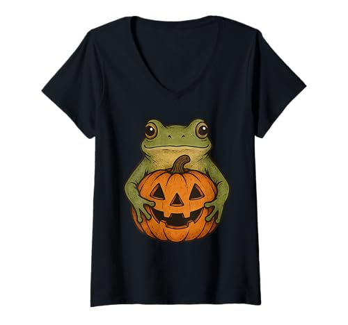 Damen Cute Frog Jack O Lantern Pumpkin Halloween T-Shirt mit V-Ausschnitt Damen Cute Frog Jack O Lantern Pumpkin Halloween T-Shirt mit V-Ausschnitt von Cute Frog Pumpkin Halloween Apparel
