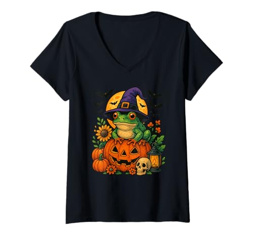 Damen Frog Witch Hat Bats Pumpkin Halloween T-Shirt mit V-Ausschnitt Damen Frog Witch Hat Bats Pumpkin Halloween T-Shirt mit V-Ausschnitt von Cute Frog Pumpkin Halloween Apparel