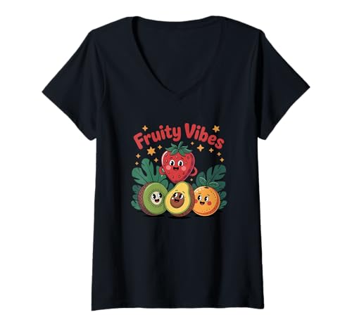 Damen Fruity Vibes Cute Fruit Graphic Fröhliche Zeichnung T-Shirt mit V-Ausschnitt Damen Fruity Vibes Cute Fruit Graphic Fröhliche Zeichnung T-Shirt mit V-Ausschnitt von Cute Fruit Characters, Fruity Vibes Design