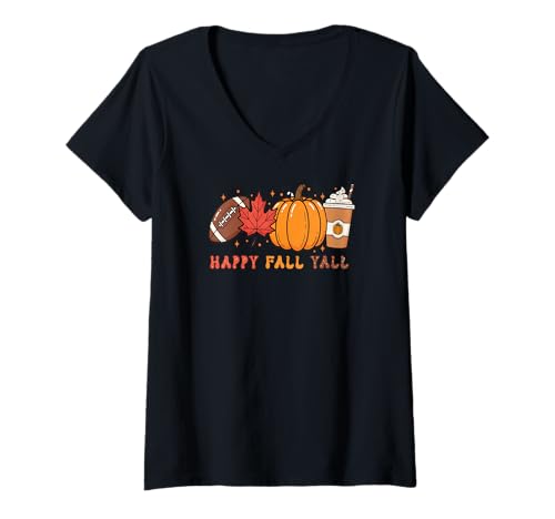 Damen Happy Fall Yall Pumpkin Spice Fußball T-Shirt mit V-Ausschnitt Damen Happy Fall Yall Pumpkin Spice Fußball T-Shirt mit V-Ausschnitt von Cute Fun and Funny Fall