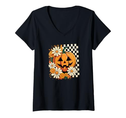 Damen Groovy Kürbis mit Gänseblümchen Halloween T-Shirt mit V-Ausschnitt Damen Groovy Kürbis mit Gänseblümchen Halloween T-Shirt mit V-Ausschnitt von Cute Fun and Funny Halloween