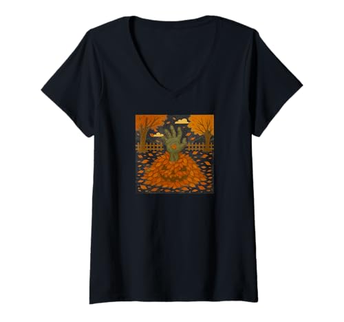 Damen Zombie-Hand steigt aus Herbstlaub T-Shirt mit V-Ausschnitt Damen Zombie-Hand steigt aus Herbstlaub T-Shirt mit V-Ausschnitt von Cute Fun and Funny Halloween