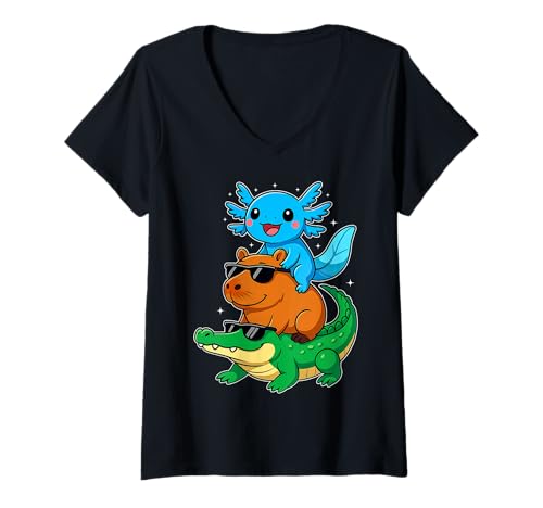 Damen Lustiger Axolotl Capybara Krokodil Niedliches Tier Grafik T-Shirt mit V-Ausschnitt von Cute Funny Animal Squad Graphic