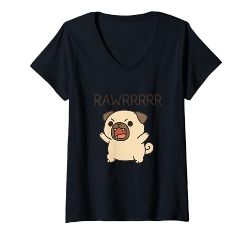 Damen Niedlicher Mops, lustiger Cartoon-Welpe T-Shirt mit V-Ausschnitt von Cute Funny Dog Cartoon