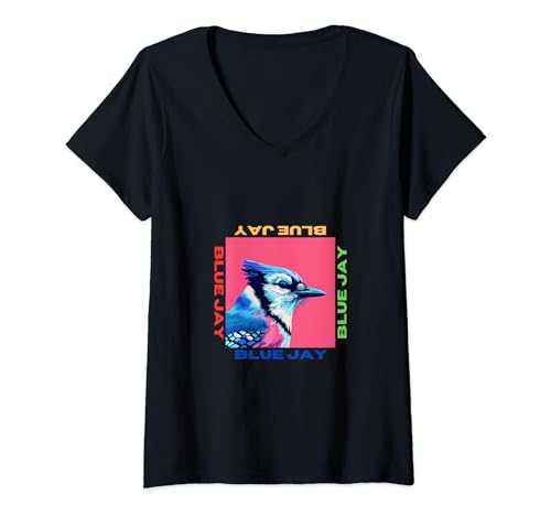 Damen Blue Jay im Pop Art Stil Malerei für Blue Jay Liebhaber Geschenke T-Shirt mit V-Ausschnitt von Cute Funny Novelty Gifts