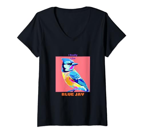 Damen Blue Jay im Pop Art Stil Malerei für Blue Jay Liebhaber Geschenke T-Shirt mit V-Ausschnitt von Cute Funny Novelty Gifts