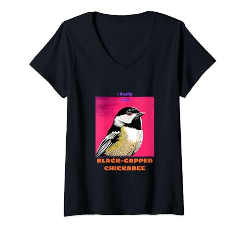 Damen Chickadee Pop-Art-Malerei mit schwarzer Kappe für seine Liebhaber T-Shirt mit V-Ausschnitt von Cute Funny Novelty Gifts