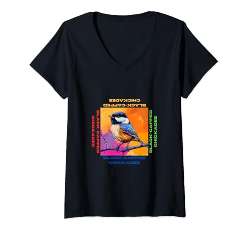 Damen Chickadee mit schwarzer Kappe im Pop-Art-Stil Gemälde für Liebhaber T-Shirt mit V-Ausschnitt von Cute Funny Novelty Gifts