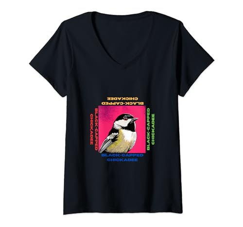 Damen Chickadee mit schwarzer Kappe im Pop-Art-Stil Gemälde für Liebhaber T-Shirt mit V-Ausschnitt von Cute Funny Novelty Gifts