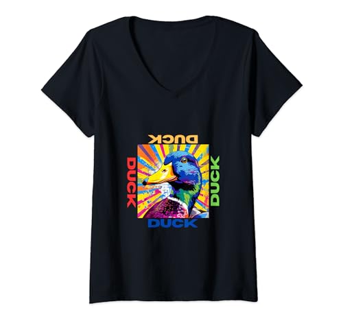 Damen Ente im Pop-Art-Stil Malerei für Entenliebhaber Frauen Geschenke T-Shirt mit V-Ausschnitt von Cute Funny Novelty Gifts