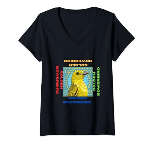 Damen Goldener Bowerbird im Pop Art Style für Golden Bowerbird Lover T-Shirt mit V-Ausschnitt von Cute Funny Novelty Gifts