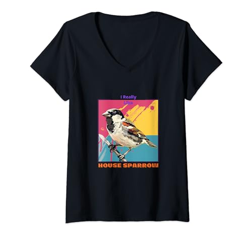 Damen Hausspatz im Pop Art Stil Malerei für seine Liebhaber Geschenke T-Shirt mit V-Ausschnitt von Cute Funny Novelty Gifts