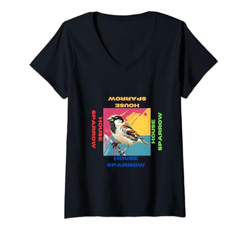 Damen Hausspatz im Pop Art Style für Hausspatzenliebhaber T-Shirt mit V-Ausschnitt von Cute Funny Novelty Gifts