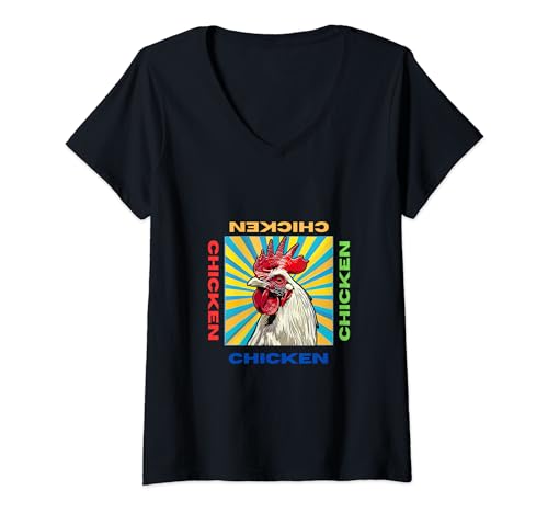 Damen Huhn im Pop-Art-Stil Malerei für Hühnerliebhaber Geschenke T-Shirt mit V-Ausschnitt von Cute Funny Novelty Gifts