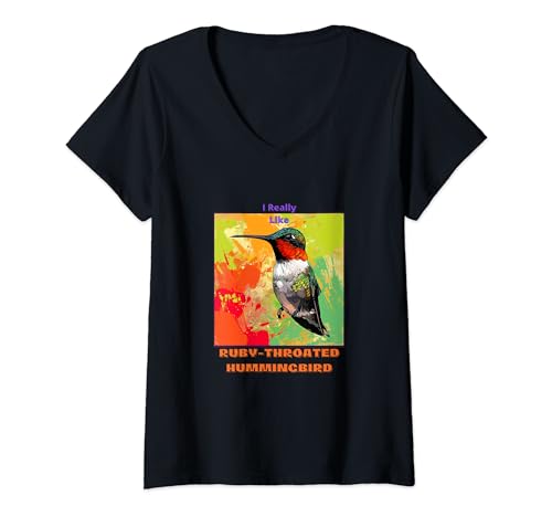 Damen Kolibri mit Rubinkehlchen in Pop-Art-Malerei für seine Liebhaber T-Shirt mit V-Ausschnitt von Cute Funny Novelty Gifts