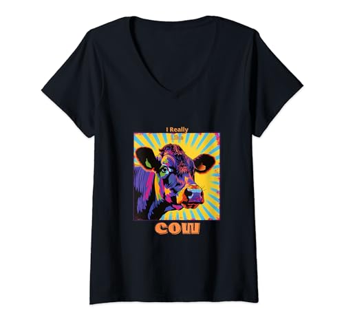 Damen Kuh im Pop Art Stil Malerei für Kuh Liebhaber Männer Frauen Geschenke T-Shirt mit V-Ausschnitt von Cute Funny Novelty Gifts