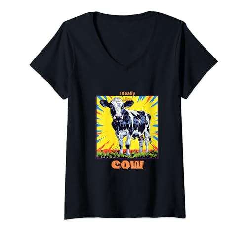 Damen Kuh im Pop Art Stil Malerei für Kuh Liebhaber Männer Frauen Geschenke T-Shirt mit V-Ausschnitt von Cute Funny Novelty Gifts