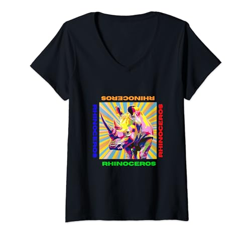Damen Nashorn im Pop-Art-Stil Malerei für Nashorn-Liebhaber T-Shirt mit V-Ausschnitt von Cute Funny Novelty Gifts