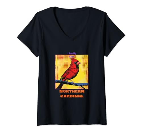 Damen Northern Cardinal im Pop-Art-Stil Malerei für seine Liebhaber T-Shirt mit V-Ausschnitt von Cute Funny Novelty Gifts