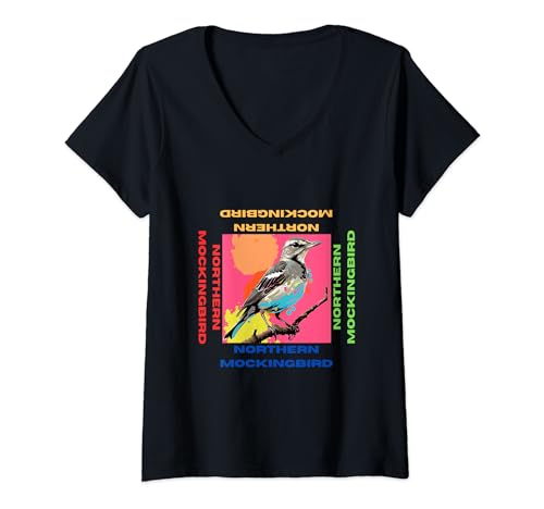Damen Northern Mockingbird Pop Art Malerei für seine Liebhaber T-Shirt mit V-Ausschnitt von Cute Funny Novelty Gifts