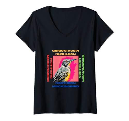 Damen Northern Mockingbird Pop Art Malerei für seine Liebhaber T-Shirt mit V-Ausschnitt von Cute Funny Novelty Gifts