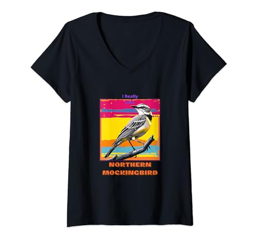 Damen Northern Mockingbird im Pop-Art-Stil Malerei für seinen Liebhaber T-Shirt mit V-Ausschnitt von Cute Funny Novelty Gifts