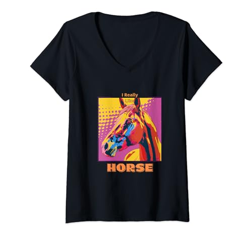 Damen Pferd im Pop Art Stil Malerei für Pferdeliebhaber Männer Frauen T-Shirt mit V-Ausschnitt von Cute Funny Novelty Gifts