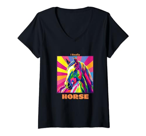 Damen Pferd im Pop Art Stil Malerei für Pferdeliebhaber Männer Frauen T-Shirt mit V-Ausschnitt von Cute Funny Novelty Gifts