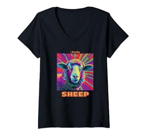 Damen Schaf im Pop Art Stil Malerei für Schafliebhaber Frauen Geschenke T-Shirt mit V-Ausschnitt von Cute Funny Novelty Gifts