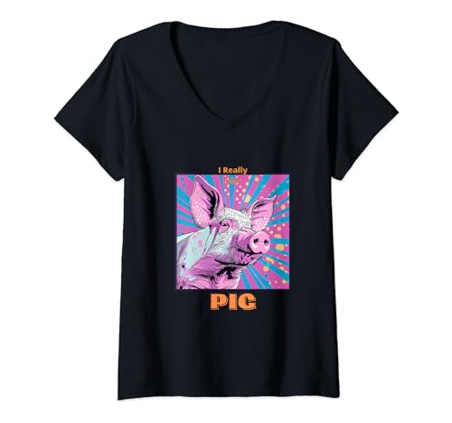 Damen Schwein im Pop-Art-Stil Malerei für Schweineliebhaber Männer Frauen Geschenke T-Shirt mit V-Ausschnitt von Cute Funny Novelty Gifts