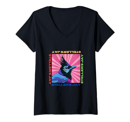 Damen Steller's Jay Pop Art Style Gemälde für Steller's Jay Lover T-Shirt mit V-Ausschnitt von Cute Funny Novelty Gifts